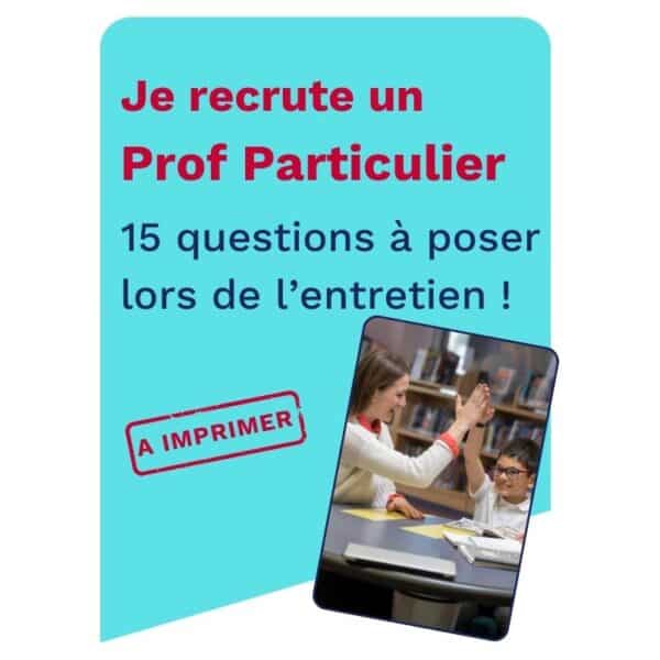 Cette image présente un document à télécharger de 15 questions à poser lors d'un entretien avec un professeur particulier