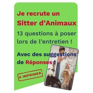 Cette image présente un document à télécharger de 13 questions à poser lors d'un entretien à un sitter d'animaux et propose aussi les réponses