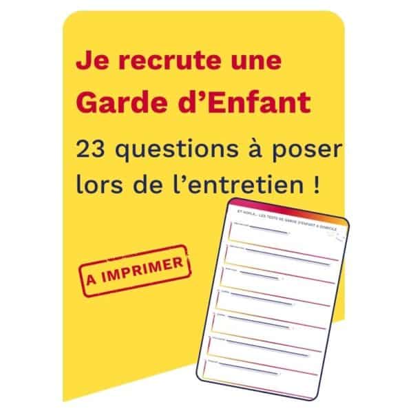 Cette image présente un document à télécharger de 23 questions à poser lors d'un entretien à une garde d'enfants