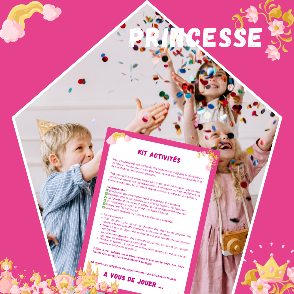 Cette image montre le pack d'activités princesses d'anniversaire pour les enfants