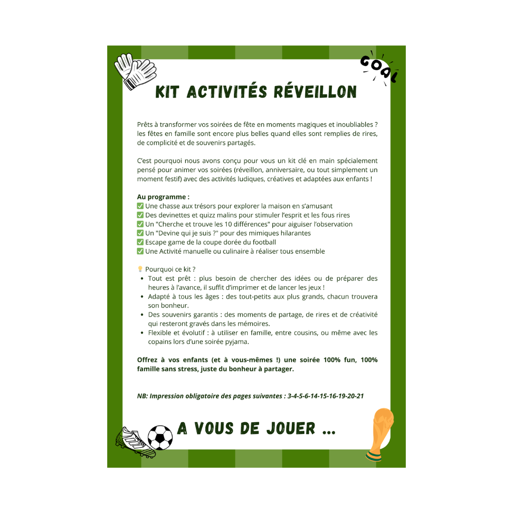 Cette image montre le contenu du pack d'activités football d'anniversaire pour les enfants