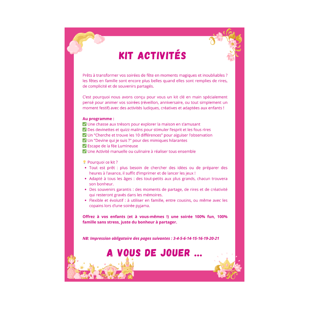 Cette image montre le contenu du pack d'activités princesses d'anniversaire pour les enfants