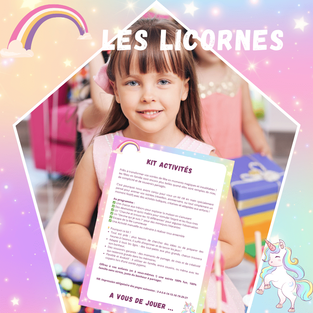 Cette image montre le pack d'activités d'anniversaire pour les enfants sur le thème des licornes