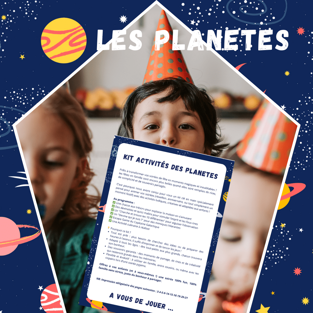 Cette image montre le pack d'activités d'anniversaire pour les enfants sur le thème des planètes