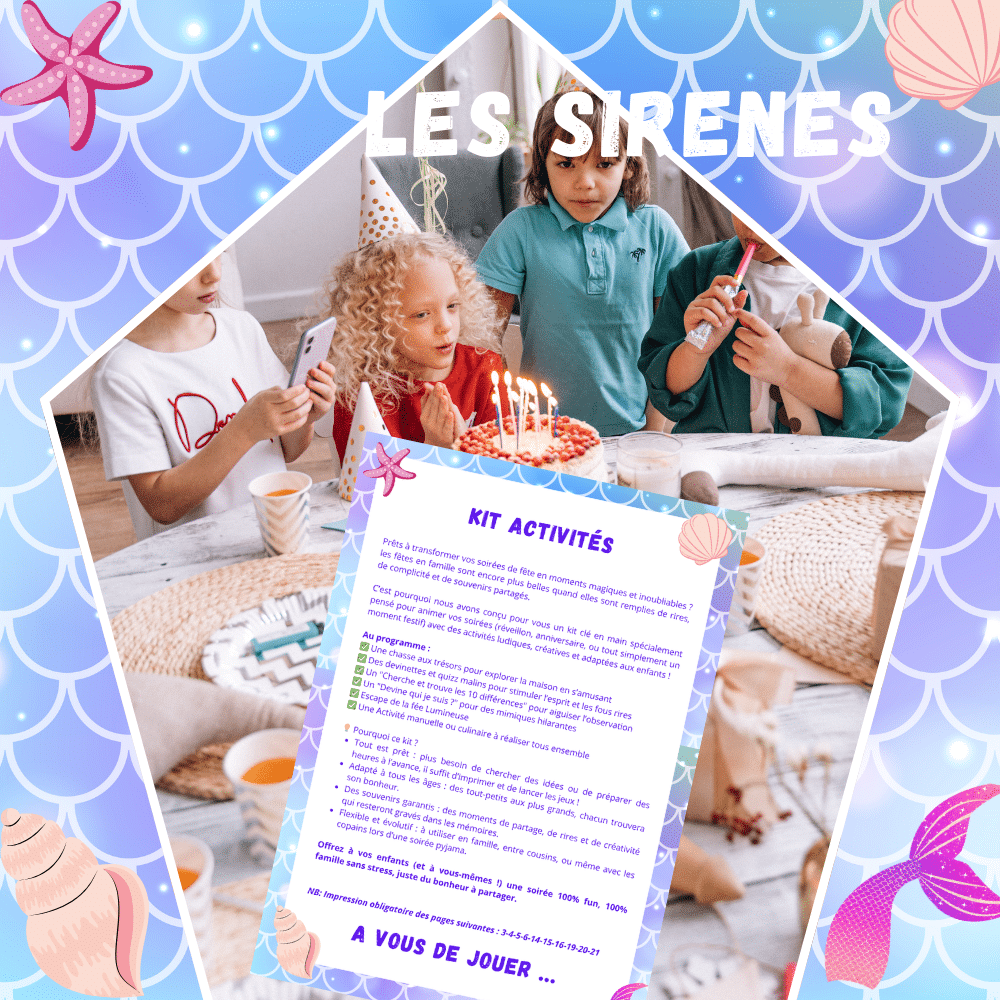 Cette image montre le pack d'activités d'anniversaire pour les enfants sur le thème des sirènes