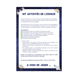 Cette image montre le contenu du pack d'activités d'anniversaire pour les enfants sur le thème de l'univers et l'espace