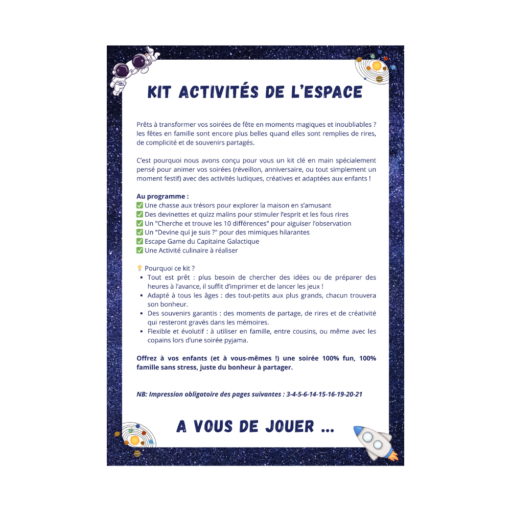 Cette image montre le contenu du pack d'activités d'anniversaire pour les enfants sur le thème de l'univers et l'espace