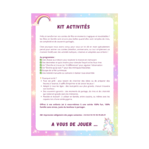 Cette image montre le contenu du pack d'activités d'anniversaire pour les enfants sur le thème des licornes