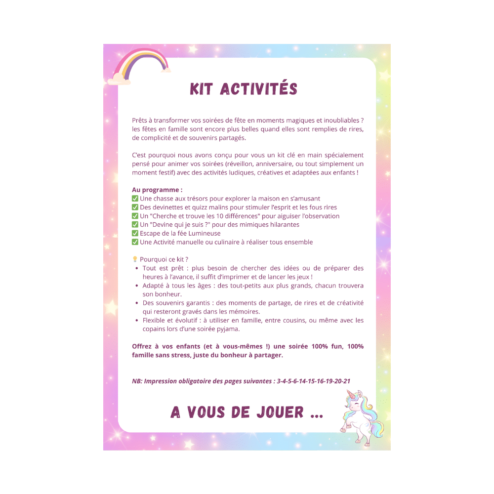 Cette image montre le contenu du pack d'activités d'anniversaire pour les enfants sur le thème des licornes