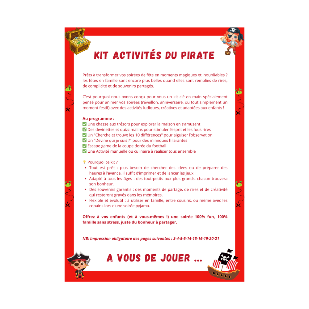 Cette image montre le contenu du pack d'activités d'anniversaire pour les enfants sur le thème des pirates