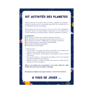 Cette image montre le contenu du pack d'activités d'anniversaire pour les enfants sur le thème des planètes