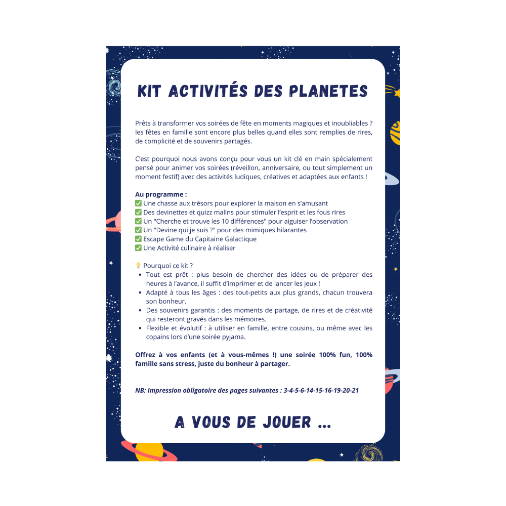 Cette image montre le contenu du pack d'activités d'anniversaire pour les enfants sur le thème des planètes