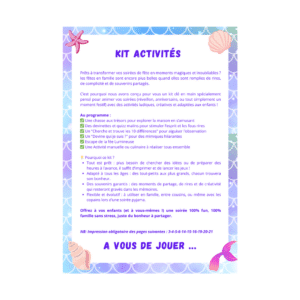 Cette image montre le contenu du pack d'activités d'anniversaire pour les enfants sur le thème des sirènes