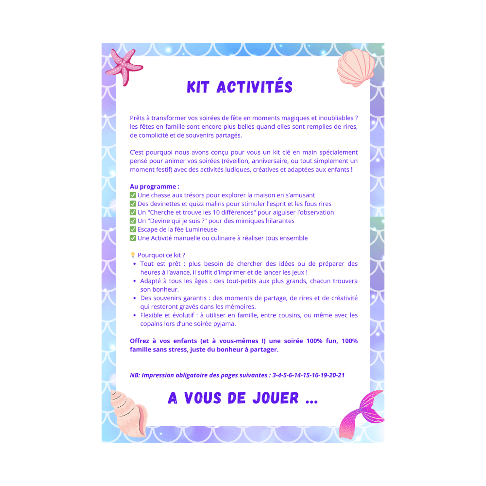 Cette image montre le contenu du pack d'activités d'anniversaire pour les enfants sur le thème des sirènes